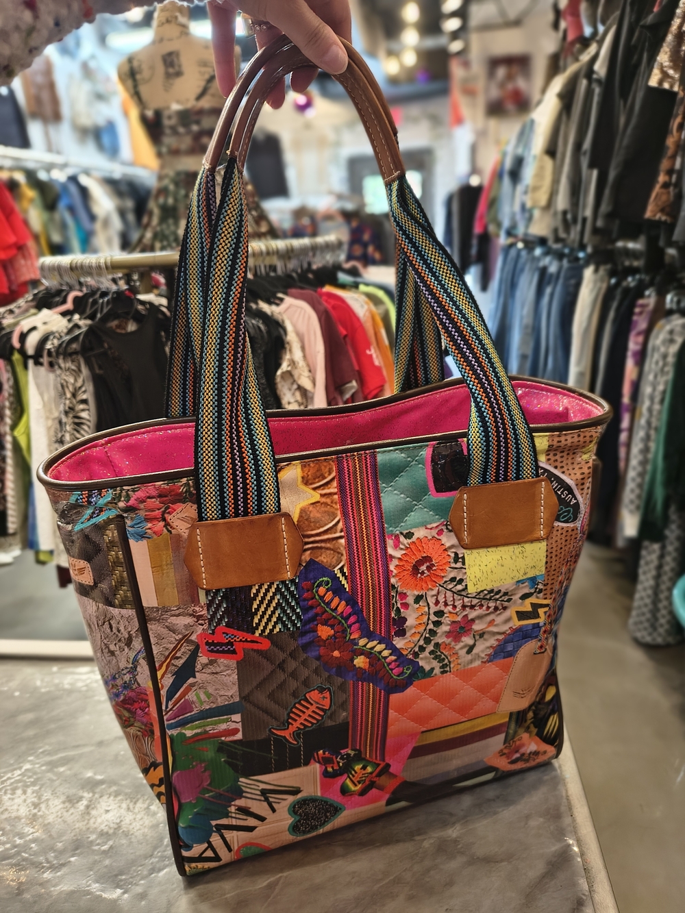 Consuela Multicolor Patchwork Tote with Pink Interior